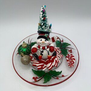 Vintage Ceramic Snowman With Bottle Brush Tree String Light Hat Candy Cane OOAK